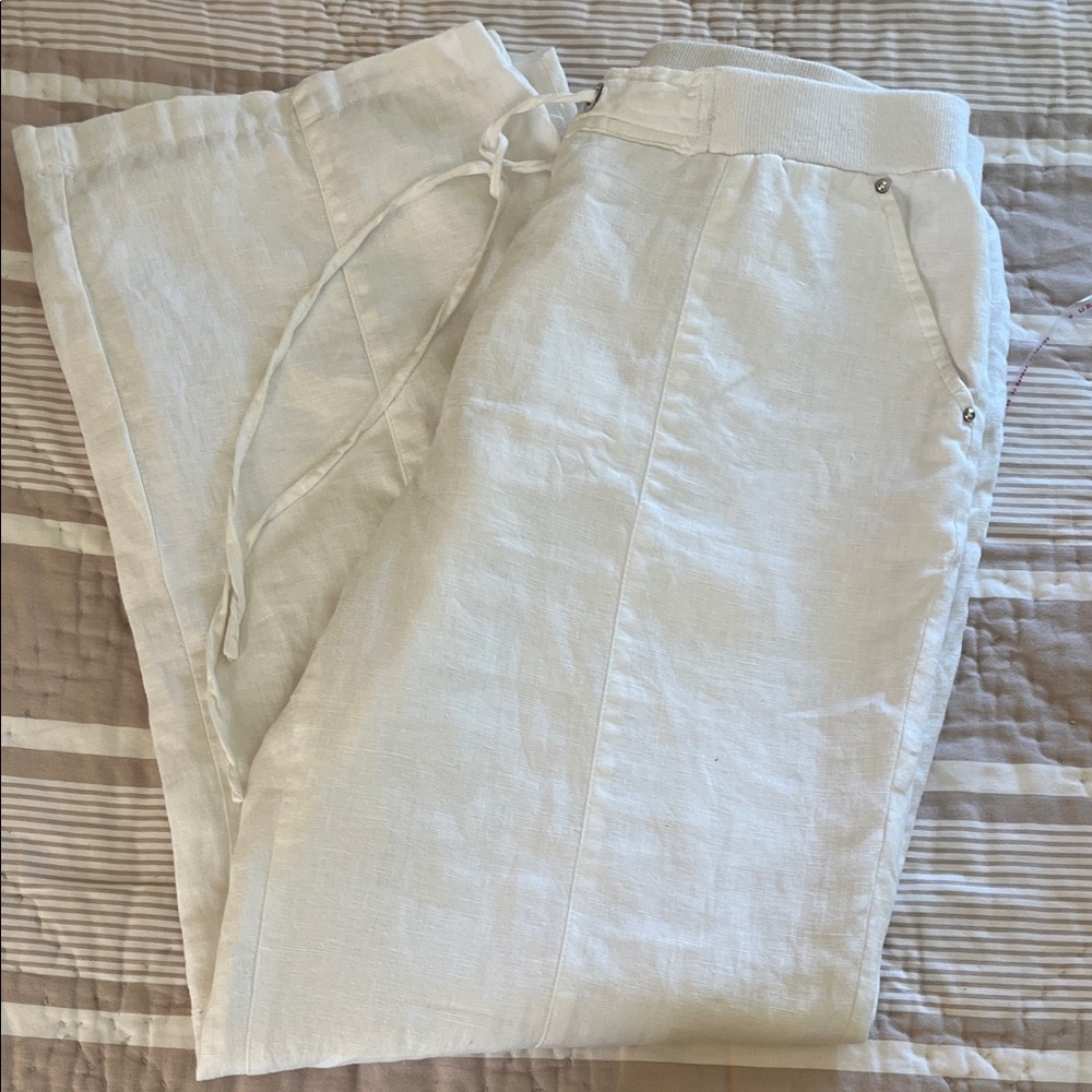 JM Collection White Linen Wide leg Drawstring Pants - Picture 4 of 8